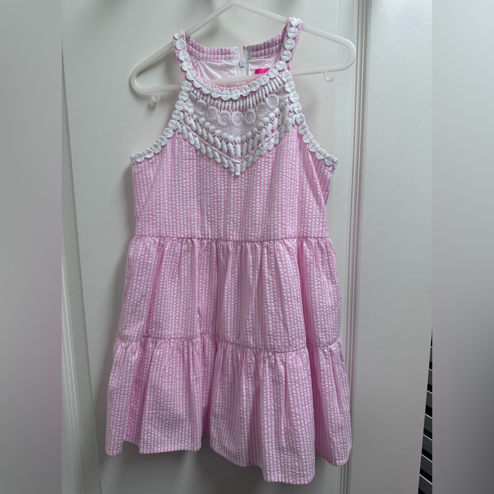 Lilly Pulitzer Girls Mini Britt Dress Pink Seersucker Stripe Size 5